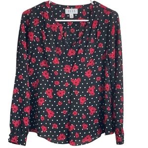 Elle Black Blouse with Red Floral and Polka Dot Print Long Sleeve Size Women XS